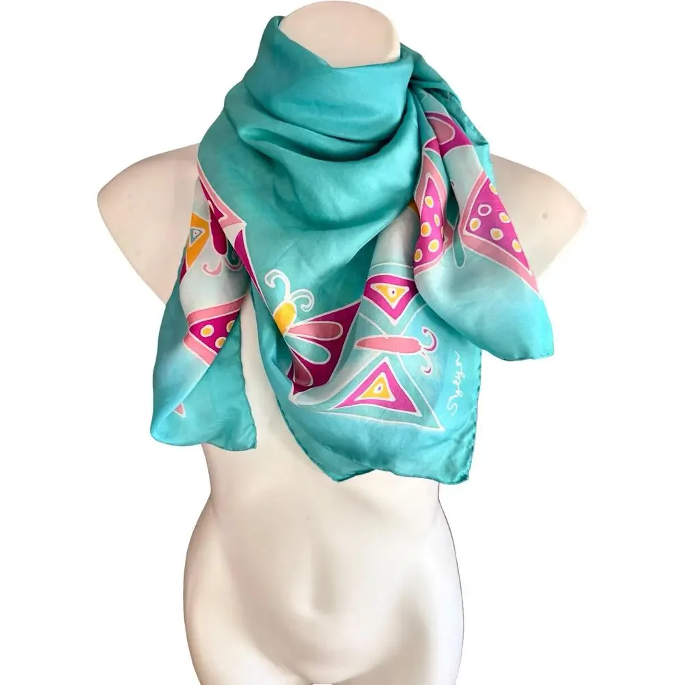 Vintage 1970s Hand Painted Sylyn Silk Scarf Turquoise Butterfly 35” Rolled Edges